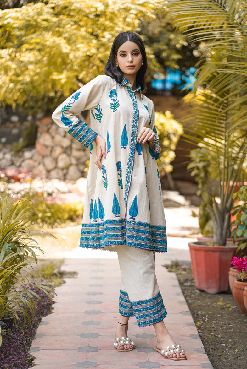 Beige Kalidar Collar Neck Handloom Cotton Suit Bristol, UK