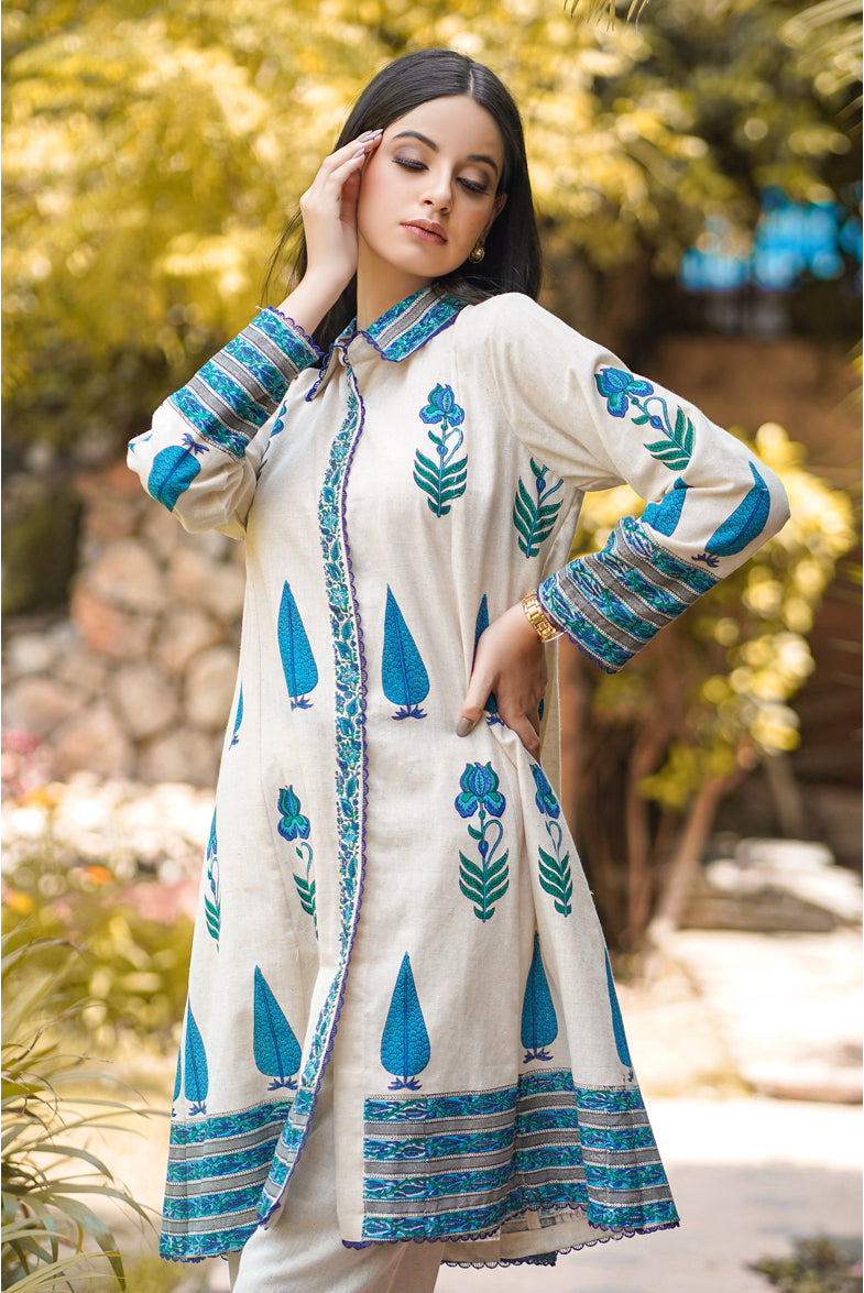 Chinar Beige Color Block Printed Shirt with Handloom Cotton Palazzo Set Alberta, Canada
