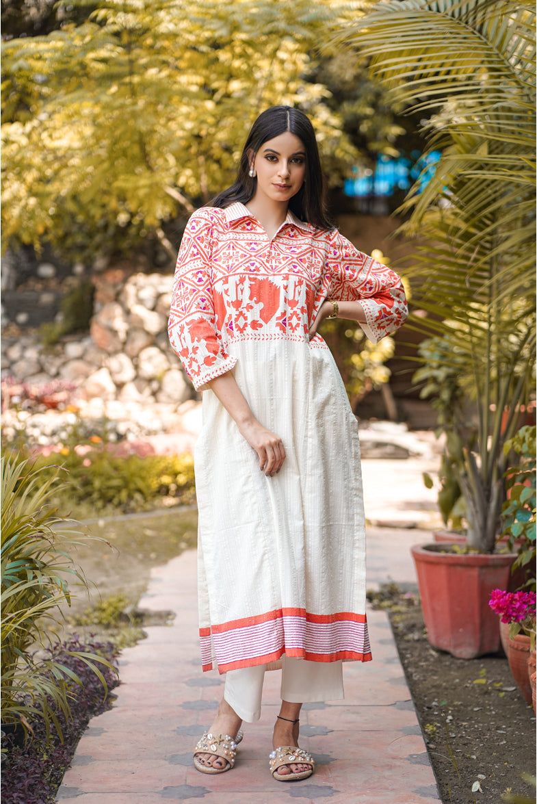 Savaar Beige Kalidar Block Printed Handoom Cotton Suit, Worldwide