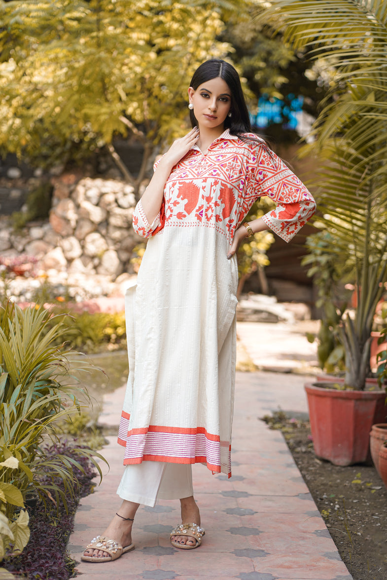 Premium Quality Beige Color Block Printed Handloom Cotton Suit  Rome,Italy