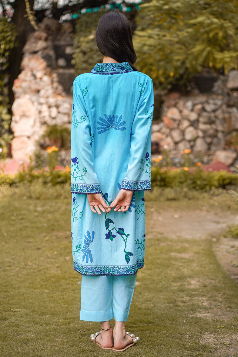 Handloom cotton suit sky blue ombre front back block printed gorgeous suit Alberta, Canada
