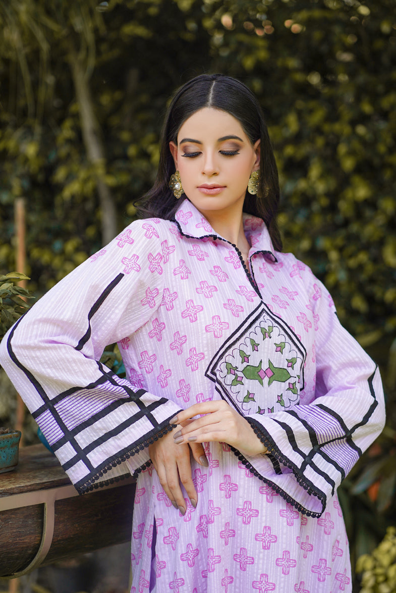 Gorgeous Collar Neck With Lace Block Print Kalidar  Sher Shakkar Cotton Suit, Worldwide