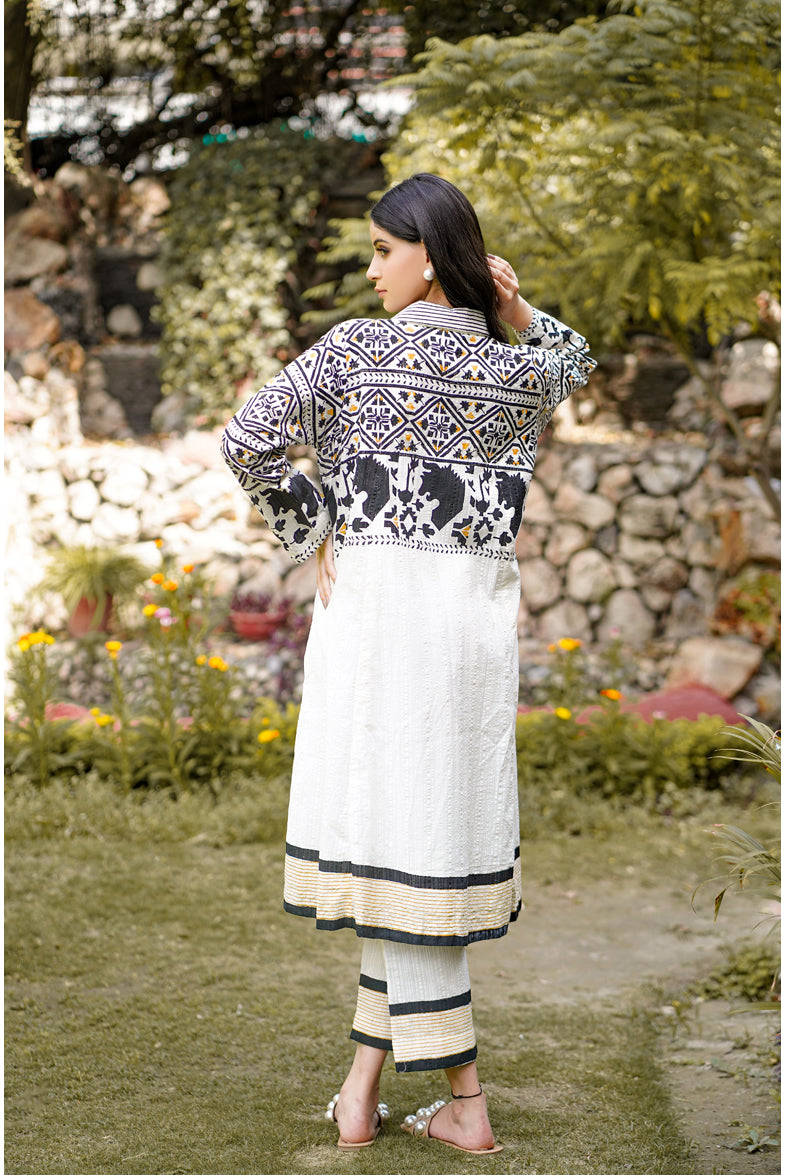 Buy online off white beautiful multicolor block printed collar neck handloom cotton suit set Chicago, Illinois, USA