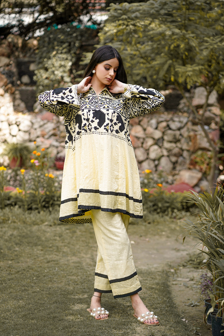 Elfin Yellow Beige Savaar Kalidar Block Printed Handloom Cotton Suit Set