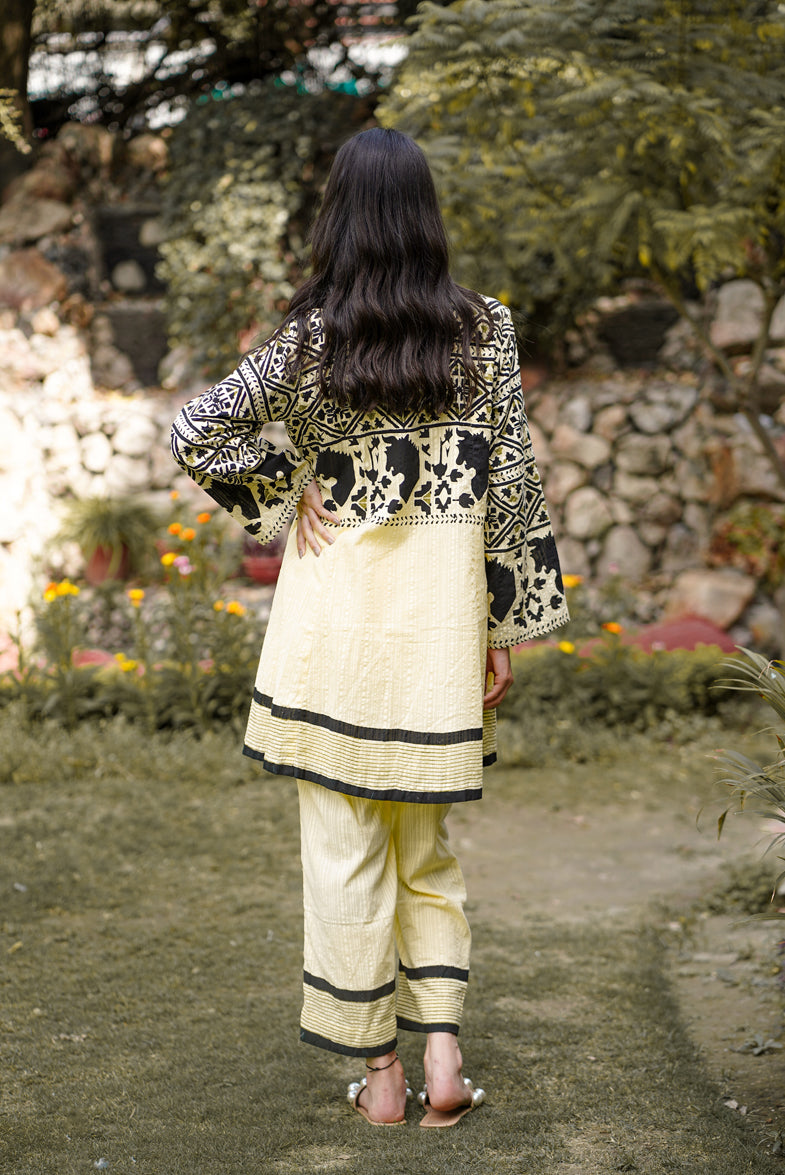 Elfin Yellow Beige Savaar Kalidar Block Printed Handloom Cotton Suit Set