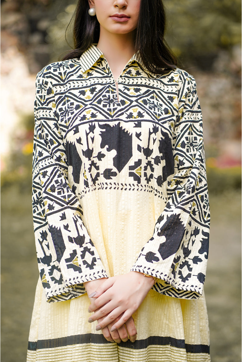 Elfin Yellow Beige Savaar Kalidar Block Printed Handloom Cotton Suit Set