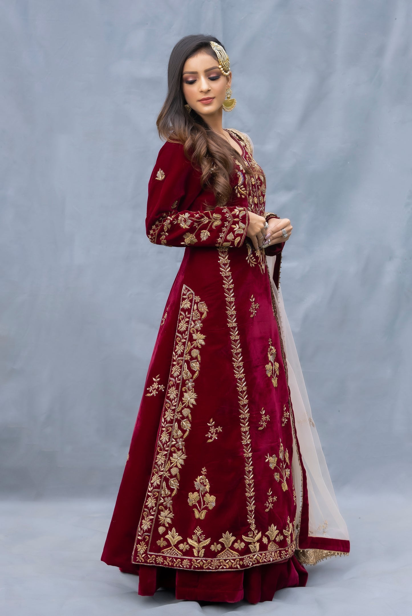 Maroon Velvet Peacock A-Line Kurta Set Italy