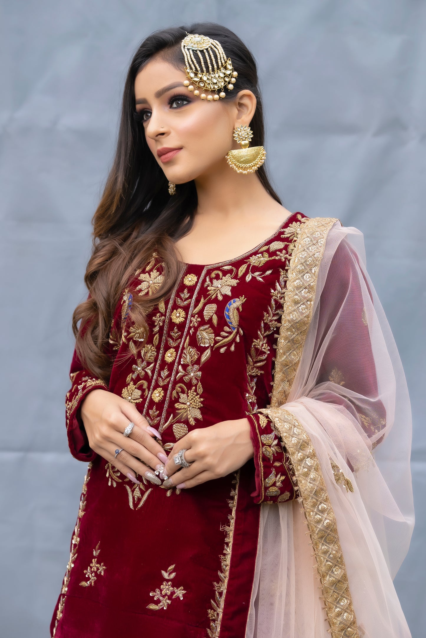 Maroon Velvet Peacock Zardozi embroidery suit set India