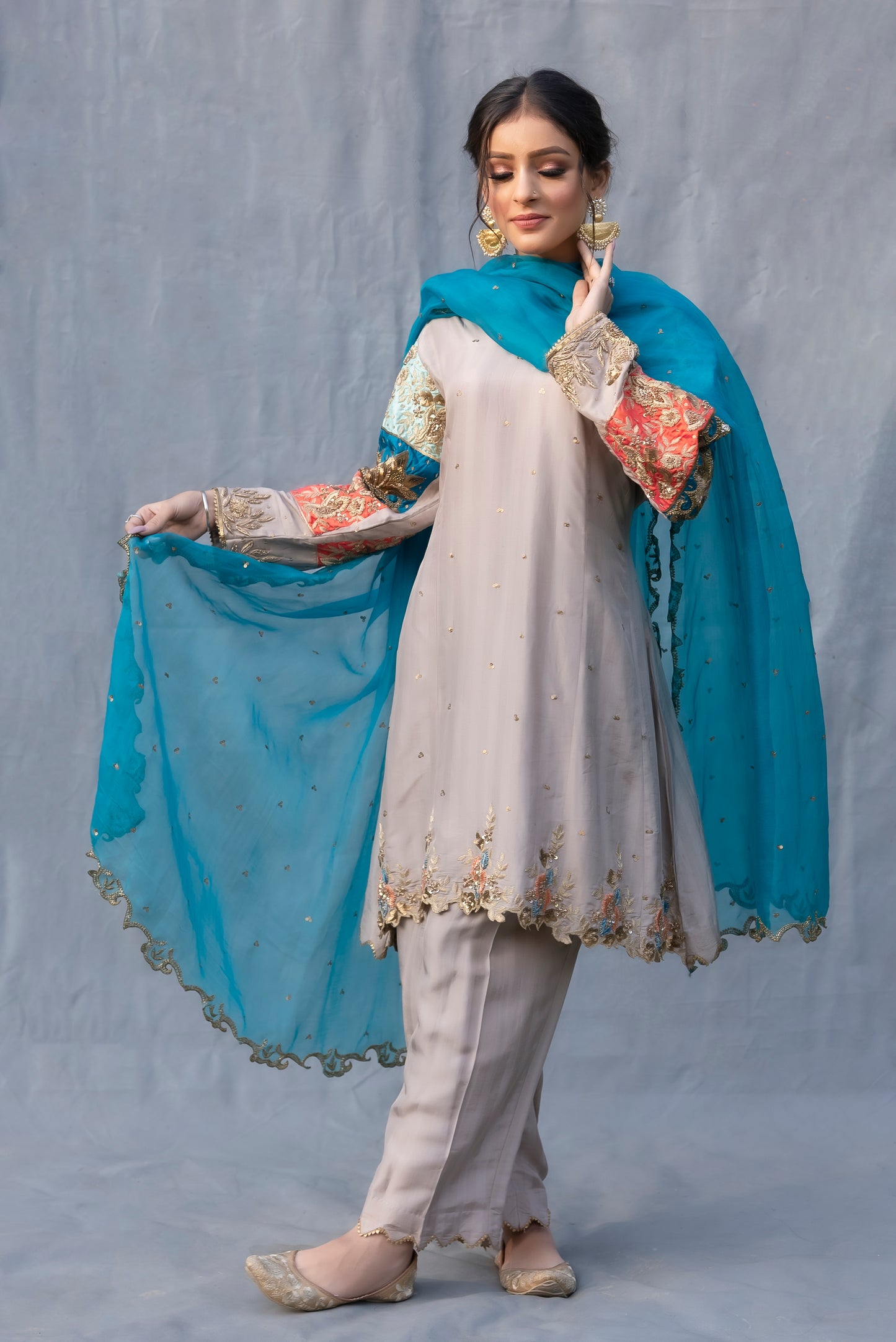 Grey Turquoise intricate hand embroidery kurta set Amritsar,Punjab