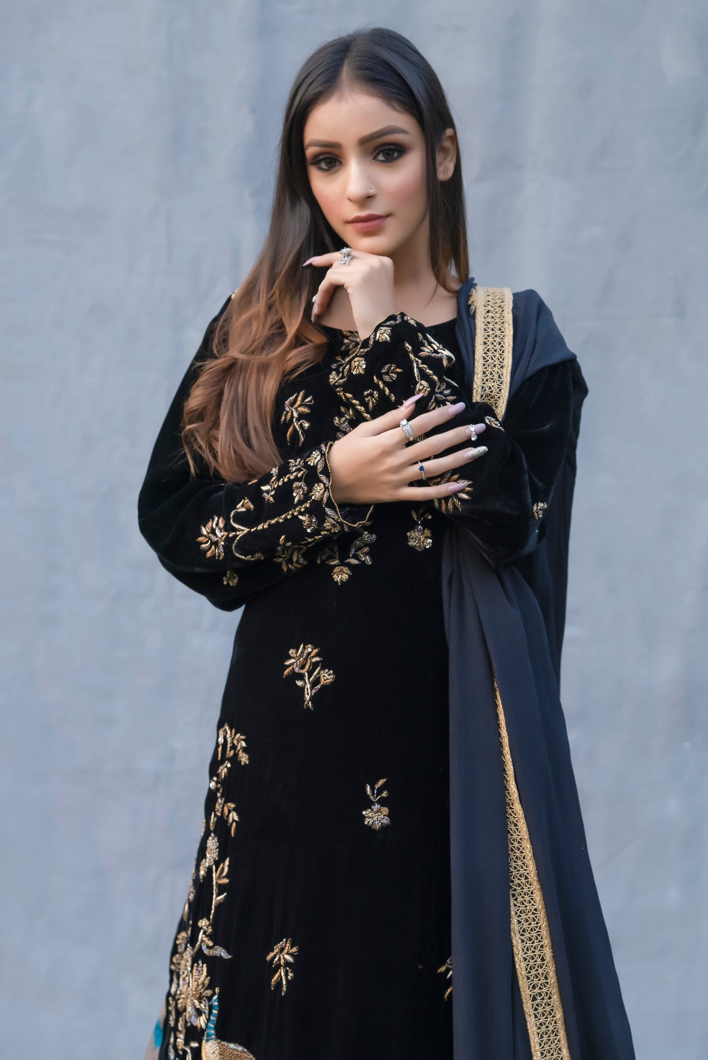 Black Velvet Brocade Lehenga Set London