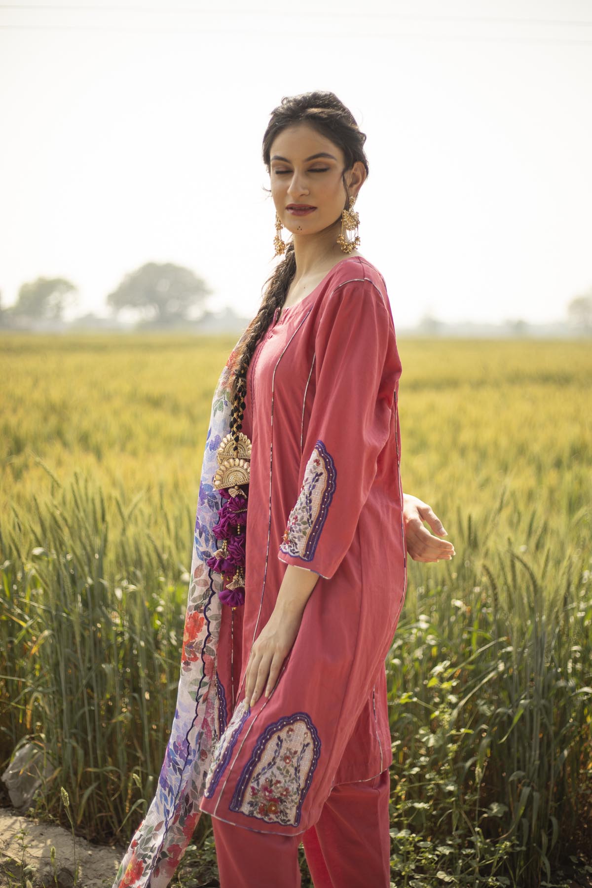 Punjabi Linen Cotton Embroidered Kurta Set, India