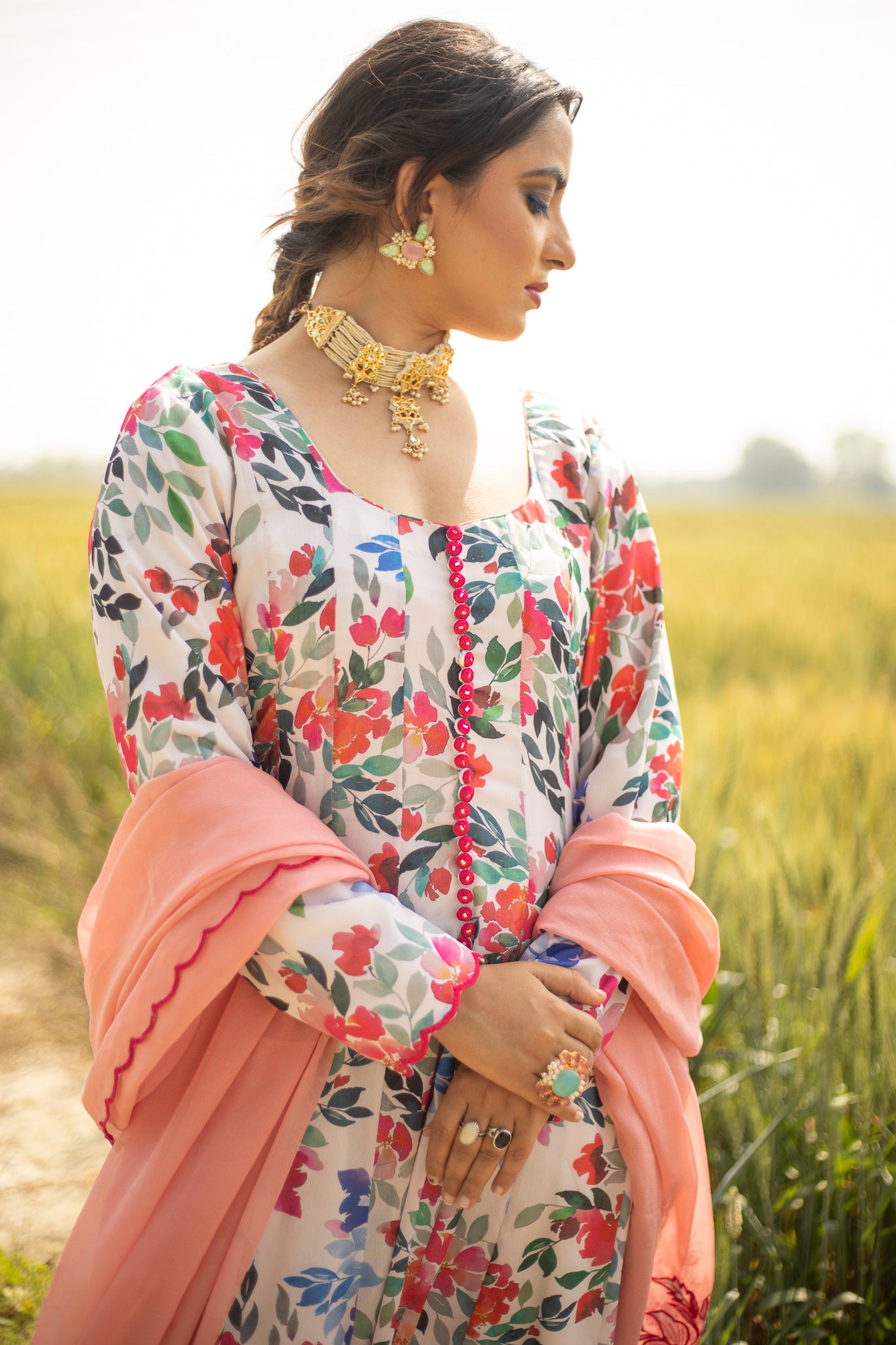 Floral Printed Chinnon Anarkali Kurta Set Birmingham,UK