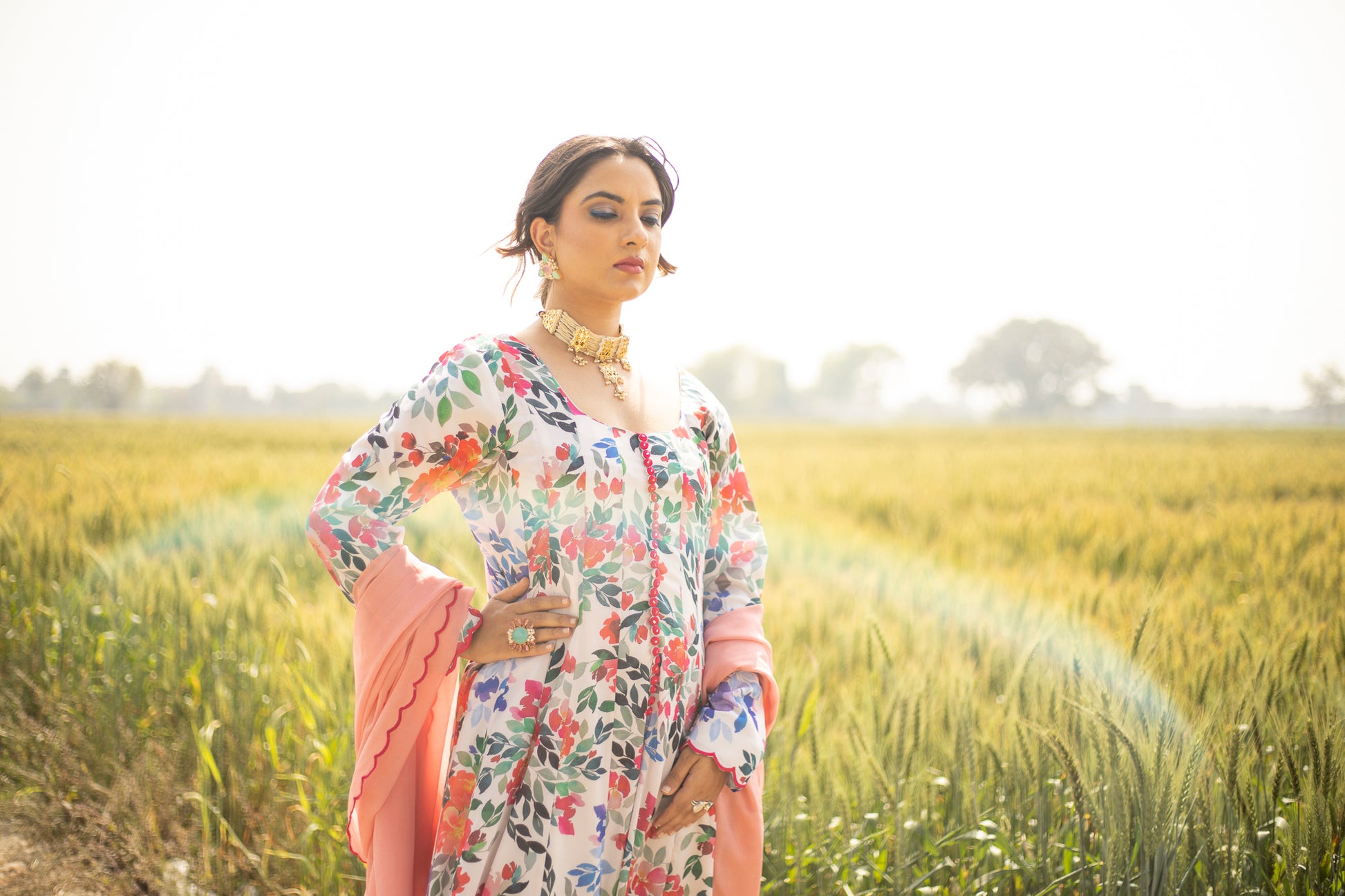 Anarkali Floral Printed Chinnon Kurta Set Italy