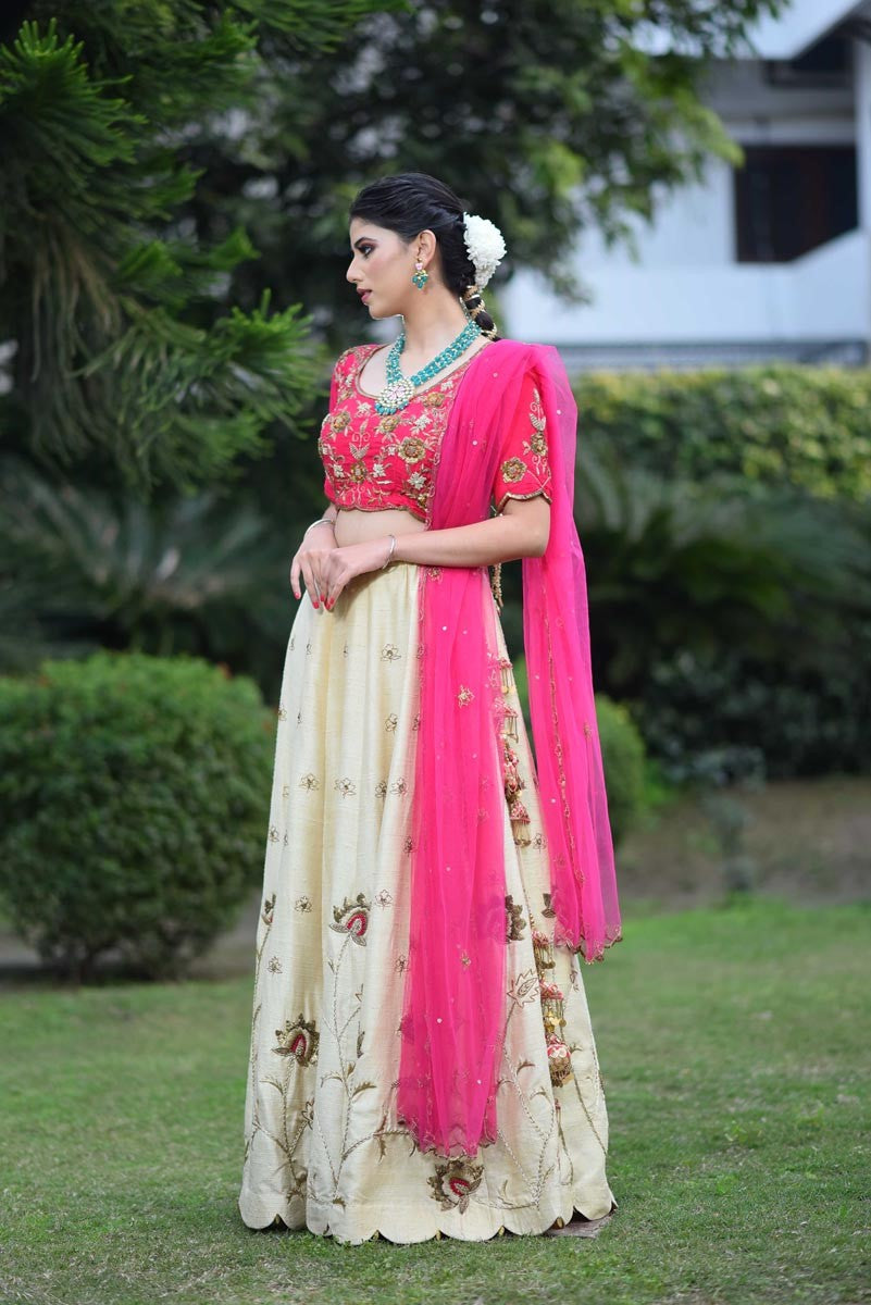 cream and fuchsia lehenga set banglore,india