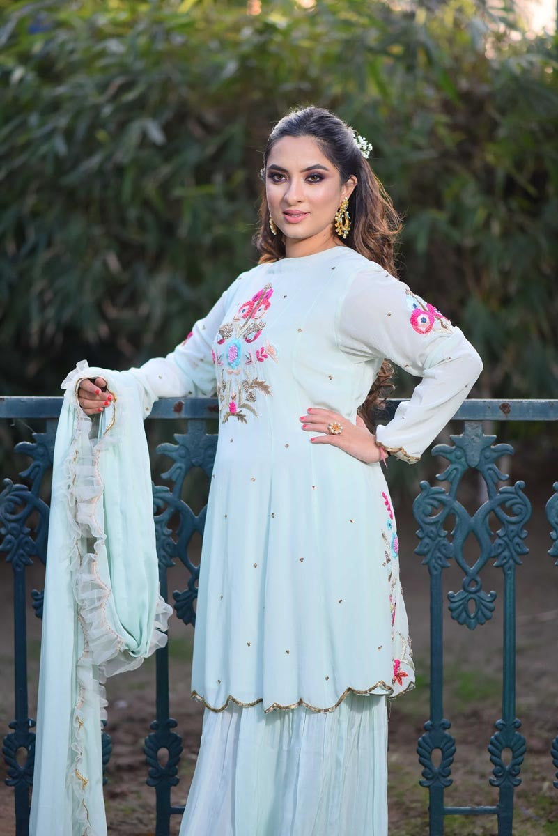 Ice Blue Kalidaar Gharara Set/Hand Embroidered