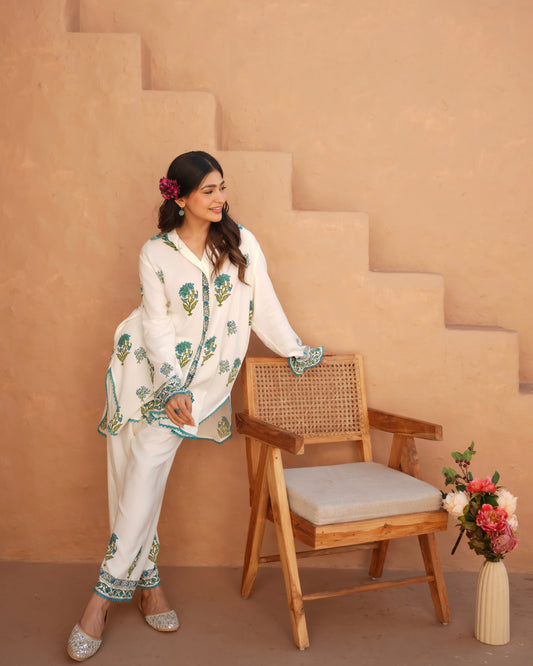 Turq print cotton frill set