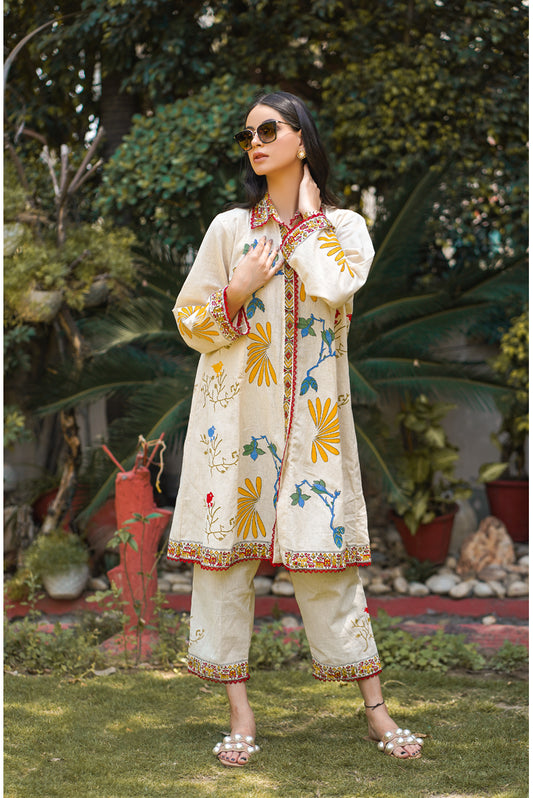 Chidiya Kalidar Beige Yellow Ombre Block Print Handloom Cotton Suit Jalandhar, Punjab