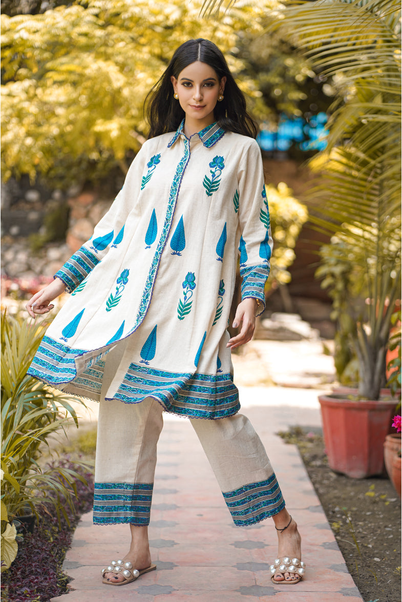 Stunning Beige Kalidar, Collar Neck Handloom Cotton Block Print Suit, Canada