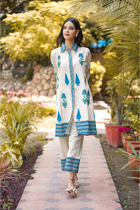 Chinar Beige Kalidar Block Printed Handloom Cotton Suit, Amritsar