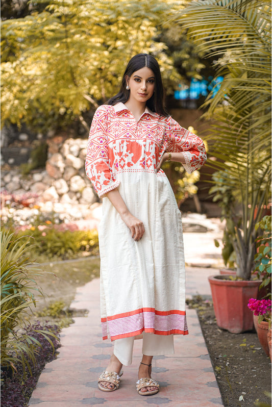 Savaar Beige Kalidar Block Printed Handoom Cotton Suit, Worldwide