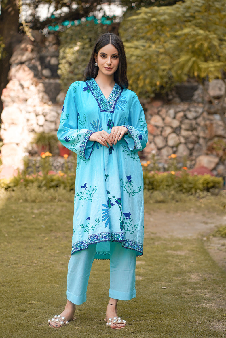 Chidiya sky blue ombre block printed handloom cotton suit with beautiful neck Brighton & Hove, UK