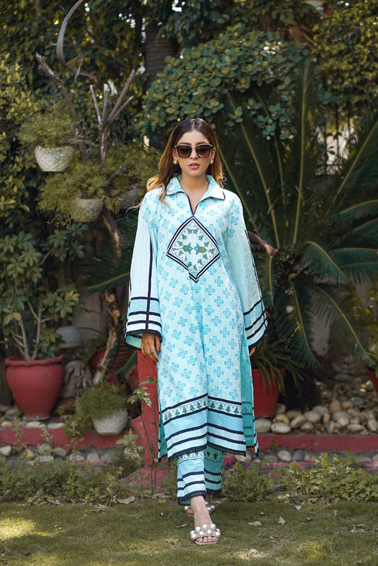 Cool Aqua Block Print Cotton Summer Suit New York, USA