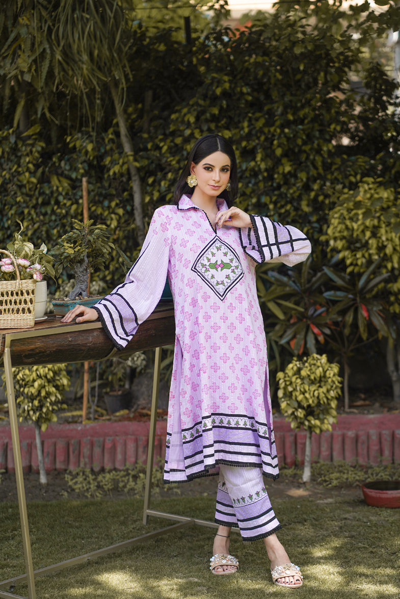 Sakhi Lavender Block Print Cotton Suit Batala, Punjab