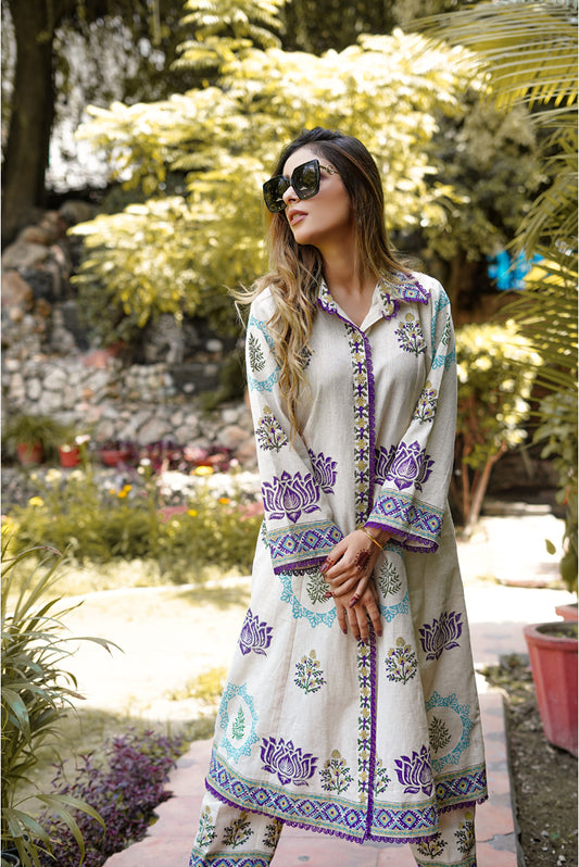 Block Print Kalidar Beige Handloom Cotton Suit Amritsar,Punjab