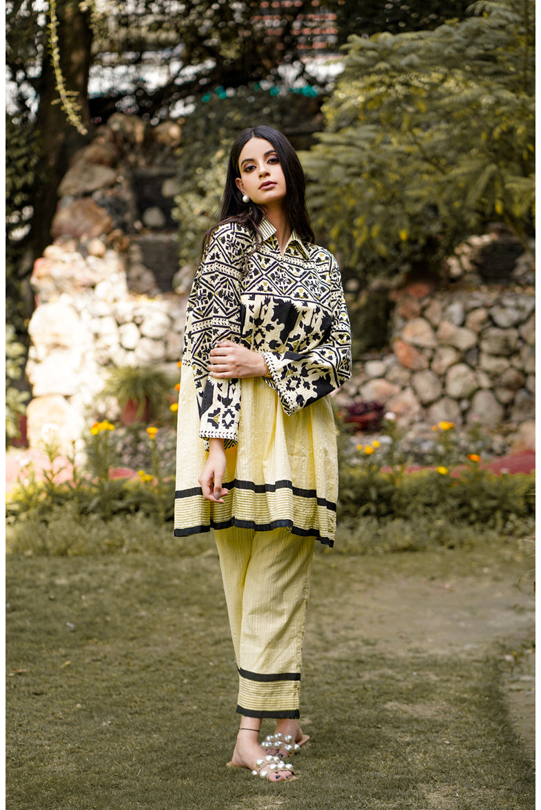 Savaar Elfin yellow beautiful block printed kalidar handloom cotton suit at reasonable price Chandigarh, Punjab