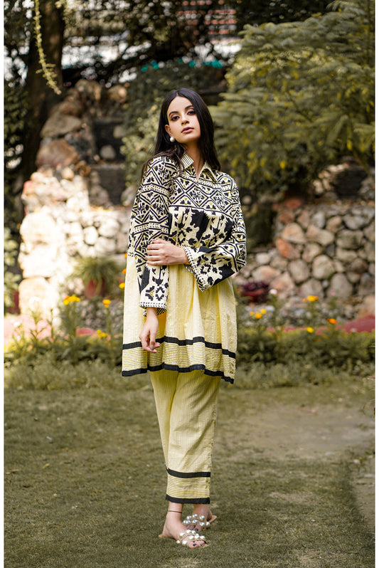 Elfin Yellow Beige Savaar Kalidar Block Printed Handloom Cotton Suit Set