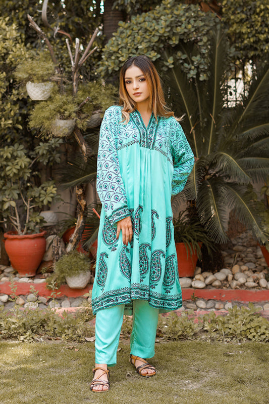 Holiday Turquoise kalidar block print suit, UK