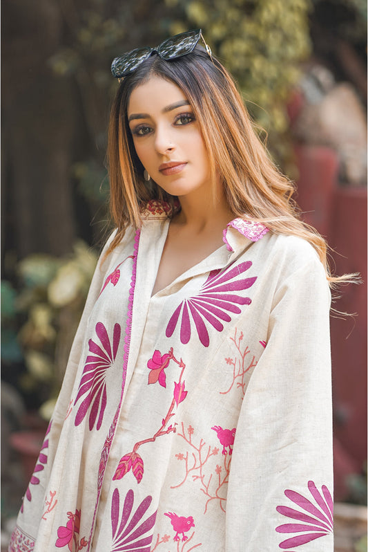 Beige color gorgeous collar neck designed with lace, kalidar block printed cotton suit set Victoria, Canada