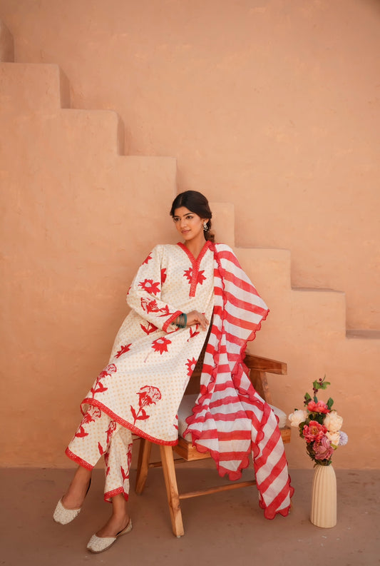 Noori - Red striped scarf suit set