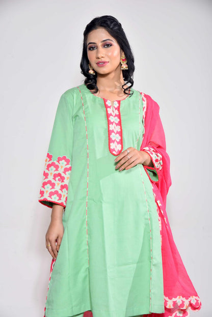 Green Linen Cotton With Doria Dupatta Suit Set