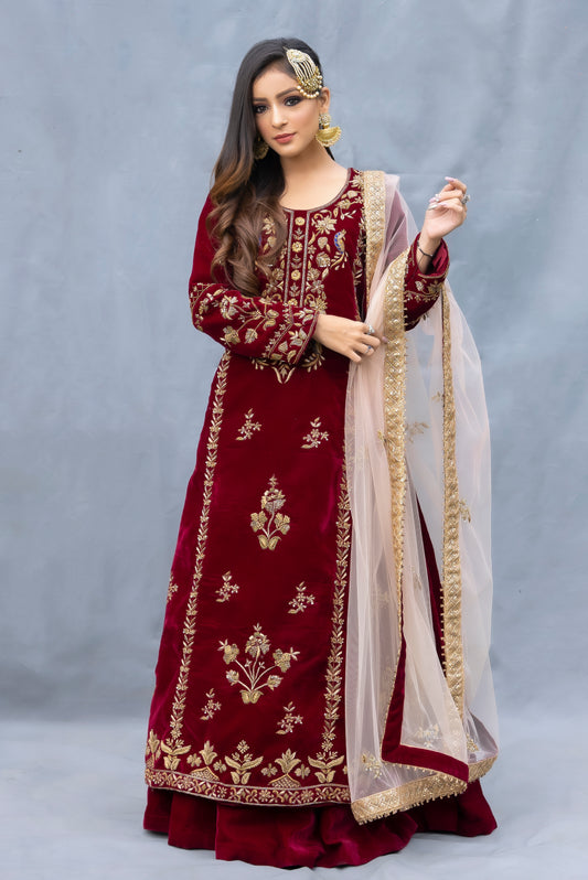 Maroon Velvet Peacock kurta Set New York