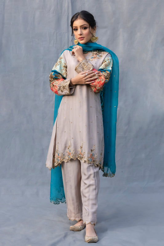Grey Turquoise Hand Embroidered Kurta Set Victoria,Canada