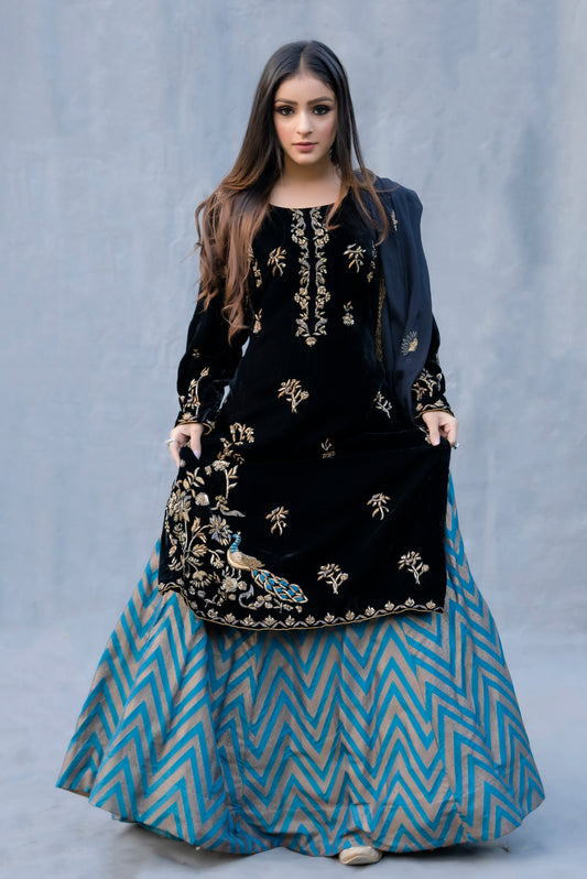 Black Velvet Brocade Lehenga Set London
