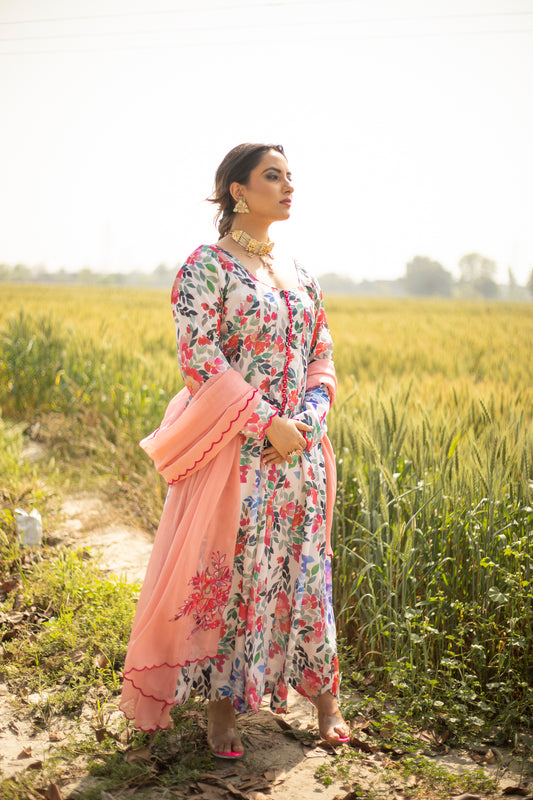 Floral Printed Chinnon Anarkali Set Bombay,India