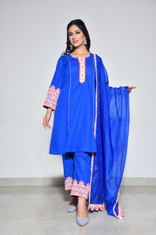 Blue Linen Cotton With Doria Dupatta Suit Set