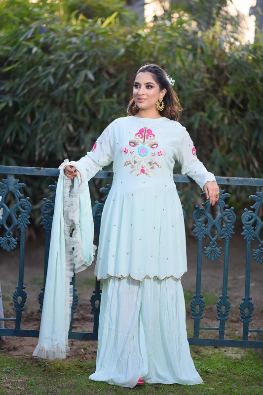 Ice Blue Kalidaar Gharara Set/Hand Embroidered